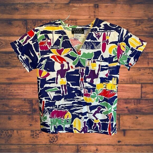 5 for $25🔥Doctops by Pattie Dunn Beach Theme Print Scrub Top Youth Medium - Picture 1 of 5